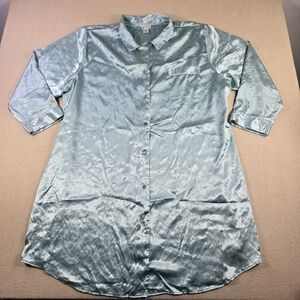 Enchanted Satin Shirt Dress Tunic Blue Button Front Plus 26/28